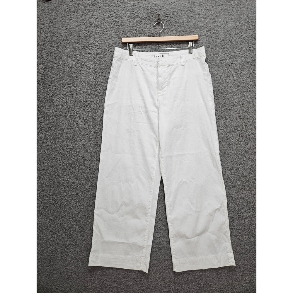 Frank & Eileen Wexford Pants 10 White Cotton Flax Linen Wide Leg Cropped Coastal